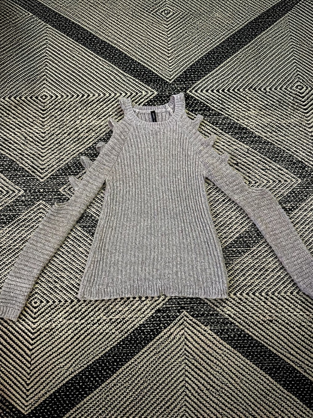 Gray Ribbed Cold-Shoulder Sweater with Decorative Cutouts